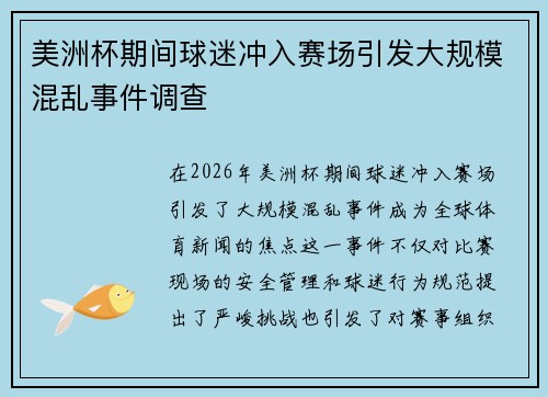 美洲杯期间球迷冲入赛场引发大规模混乱事件调查