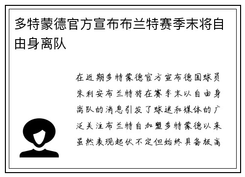 多特蒙德官方宣布布兰特赛季末将自由身离队